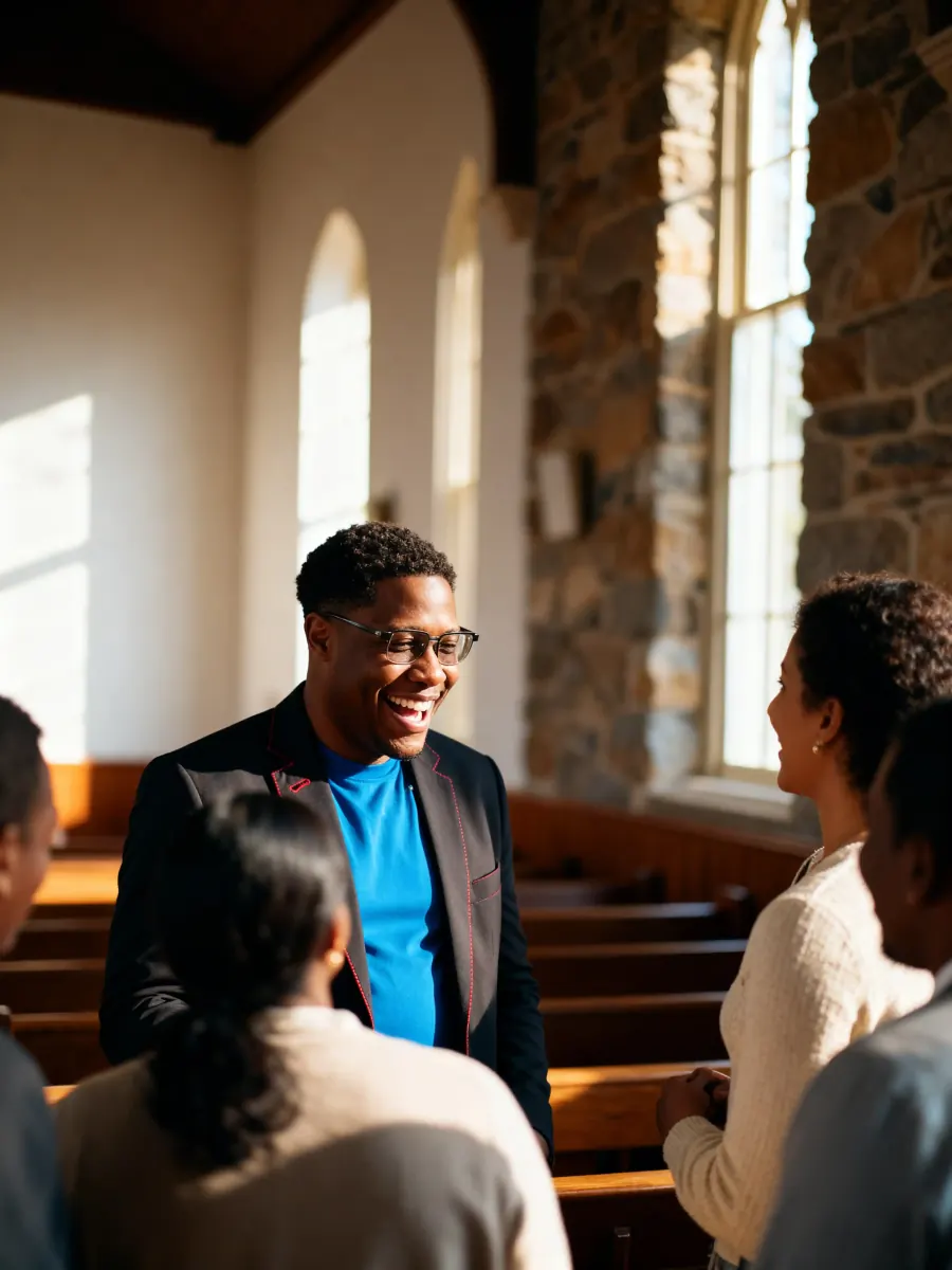 Pastor smiling with members of his congregation in a sunlit church