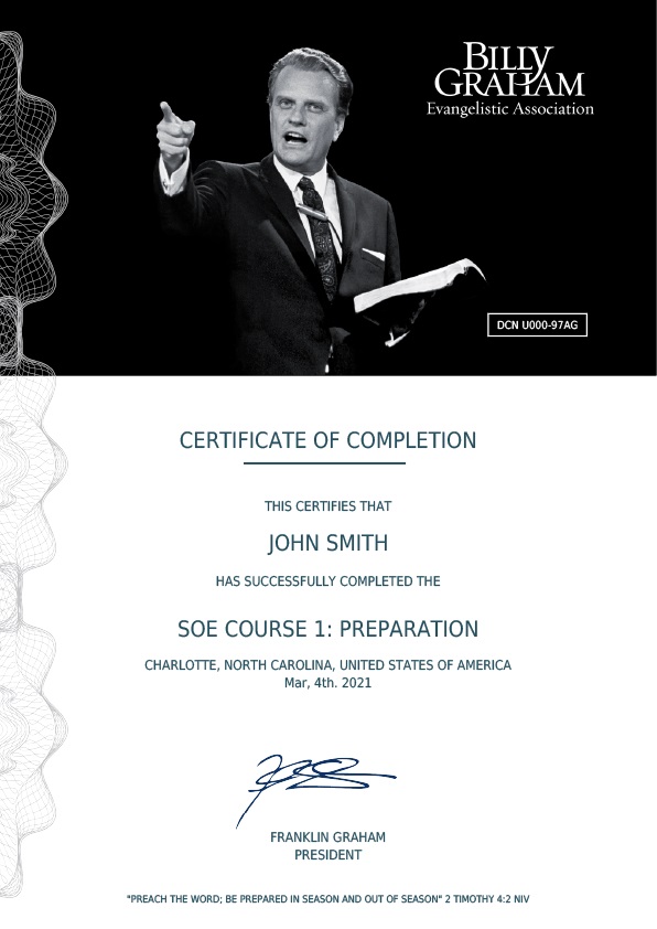 Official completion certificate from the online Billy Graham School of Evangelism program
