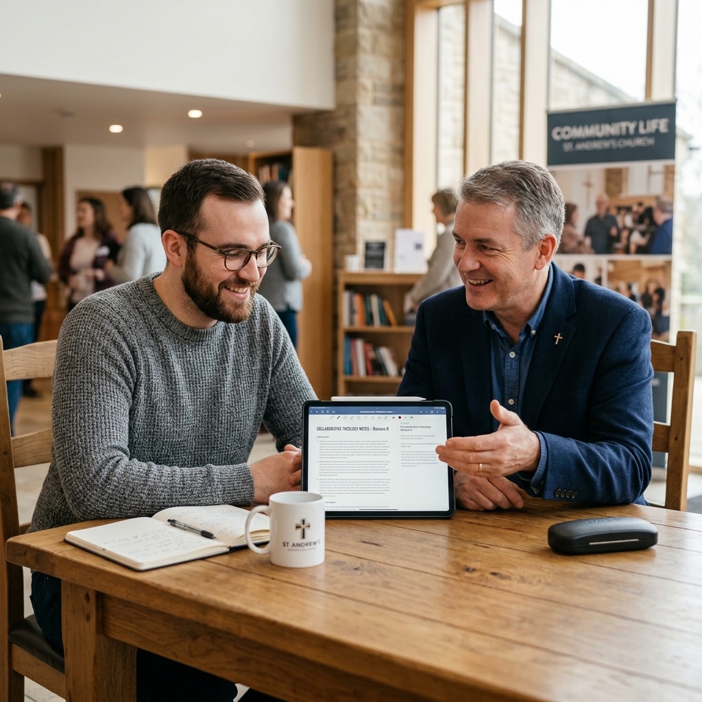 Lucent theology student discussing studies with his friendly church pastor looking at a tablet together