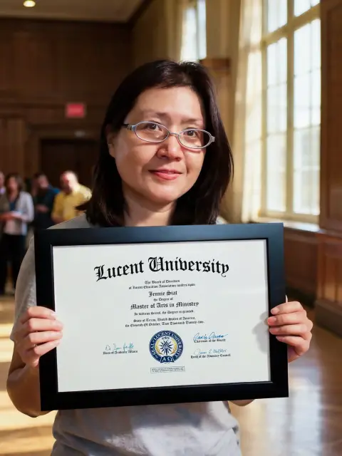 Lucent University graduate holding an official Associate of Arts diploma