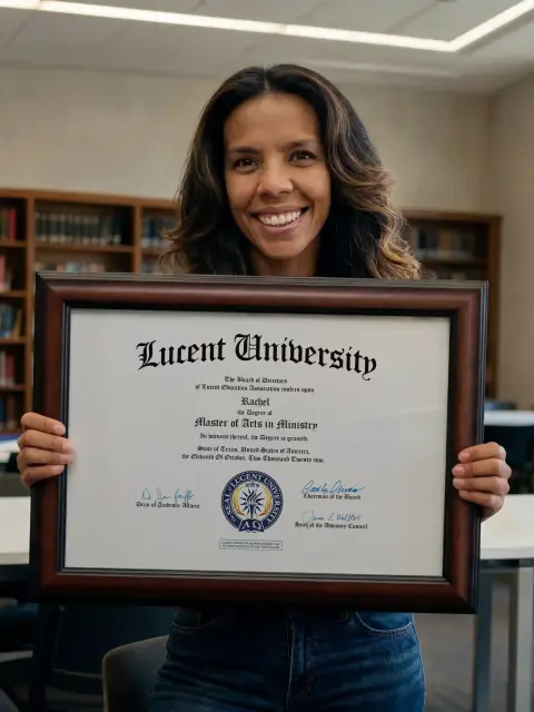 Lucent University graduate showing her Associate of Arts diploma