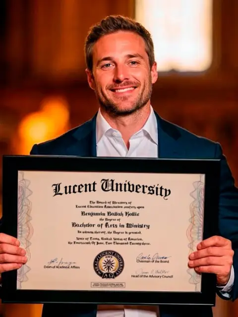 Online graduate holding a Lucent University bachelor's diploma