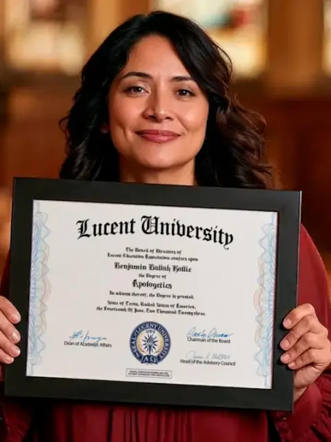 Student holding a free Lucent University certificate in Apologetics