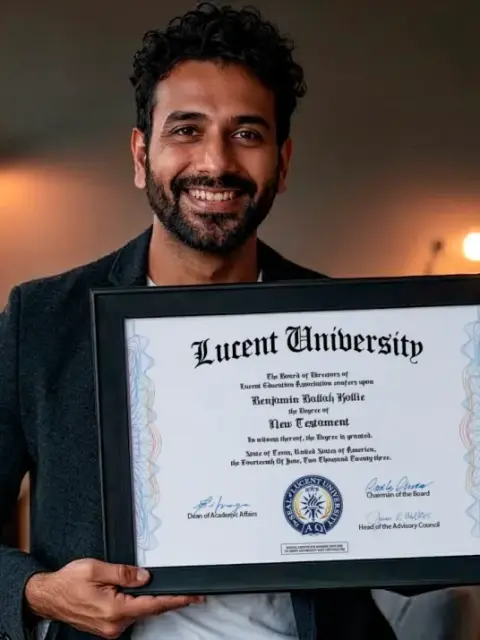 Student holding a free Lucent University certificate in New Testament
