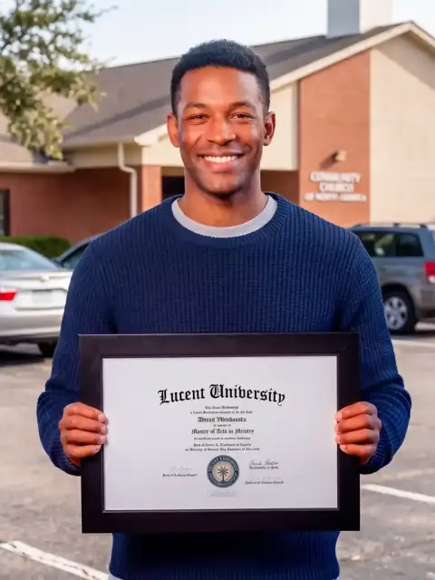 Lucent University student holding his official certificate outdoors