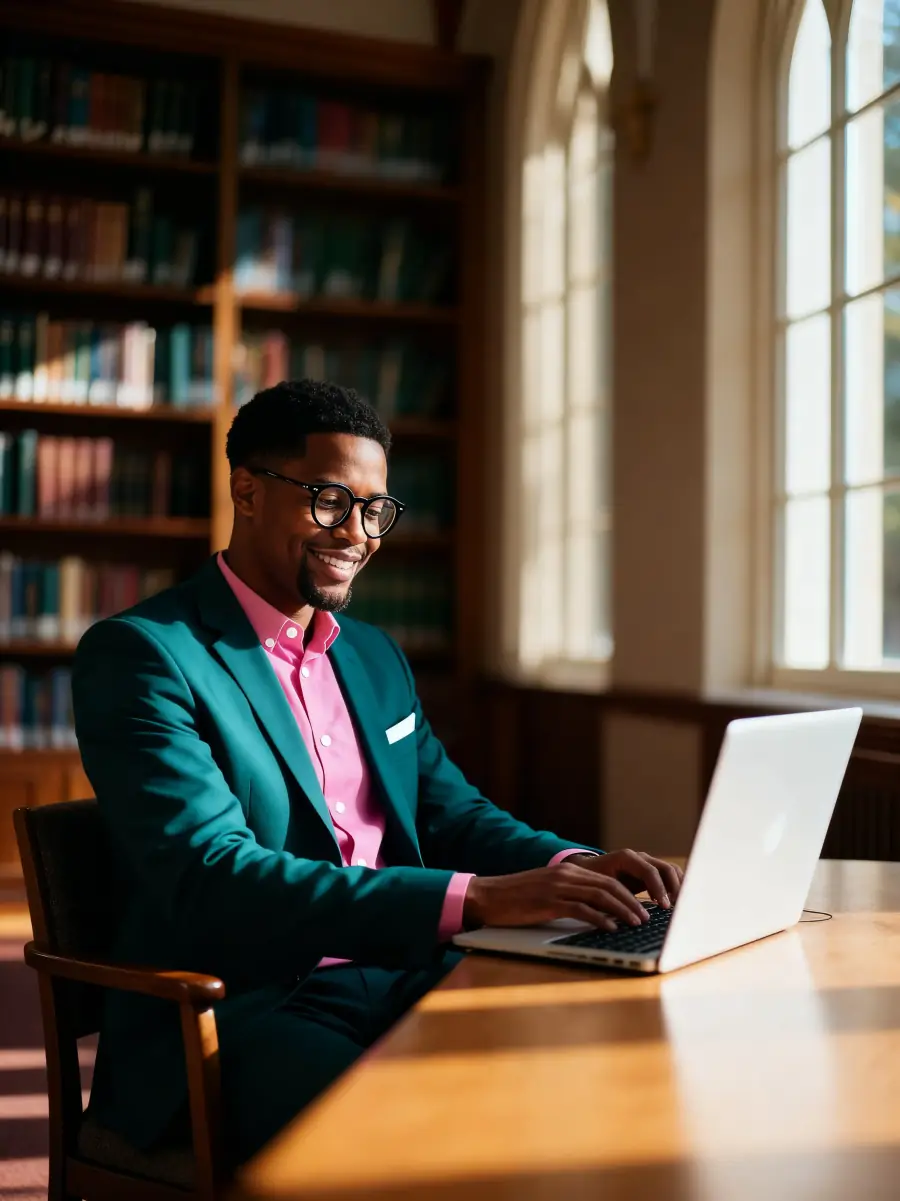 Smiling student taking an online ministry class on his laptop in a sunlit library