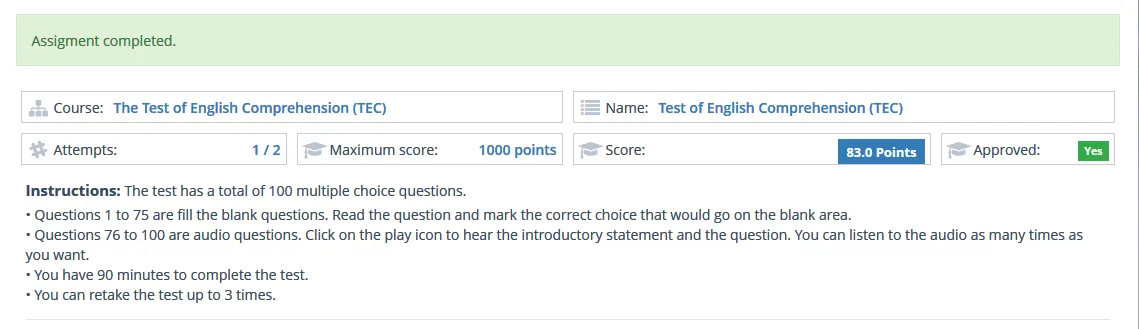 Painel de resultados do Teste de Compreensão de Inglês com tentativas, nota, situação de aprovação e instruções do teste