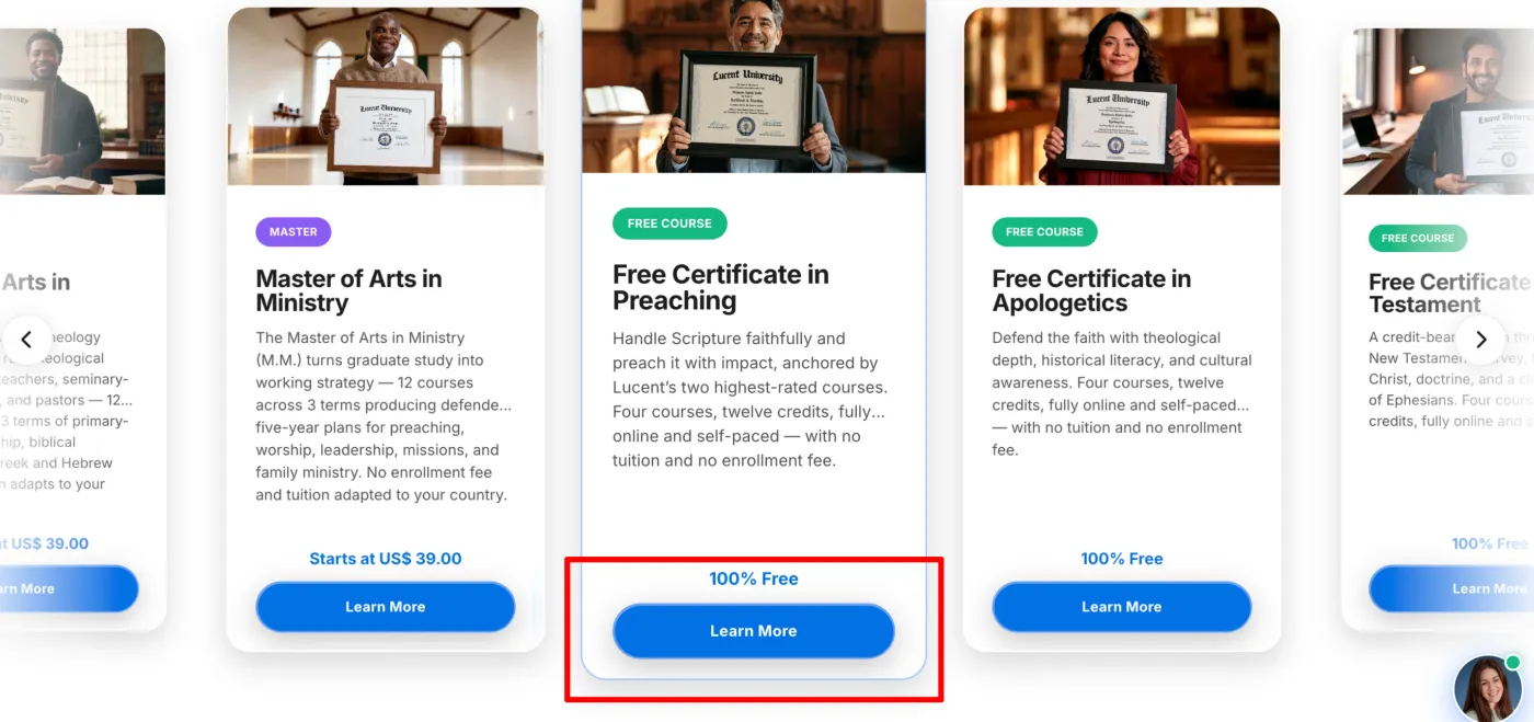 Cards de programas na página principal da Lucent University, com o botão Saiba Mais do Certificado Gratuito em Pregação em destaque
