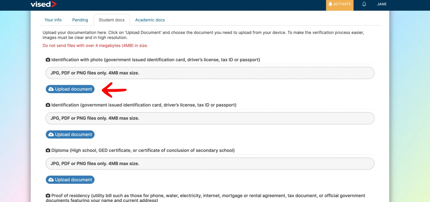 Aba de documentos do painel de estudos com botões de envio para documento com foto, identidade, diploma e comprovante de residência