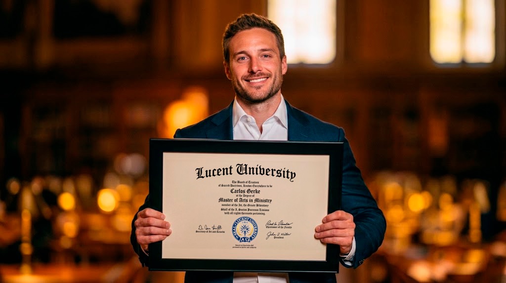 Graduate holding a Lucent University diploma after completing the Bachelor of Arts in Applied Theology and Ministry online