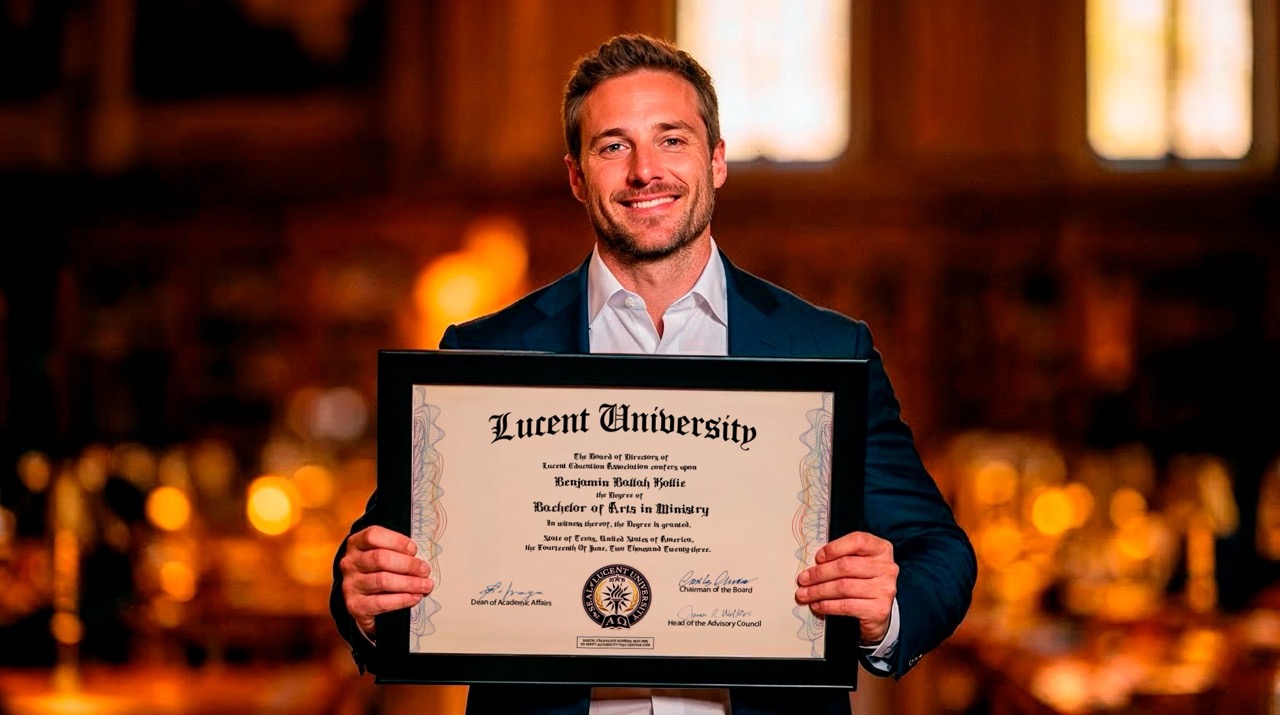 Graduate holding a Lucent University diploma after completing the Bachelor of Arts in Applied Theology and Ministry online